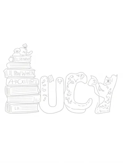 Lucy in a whimsical bookstore