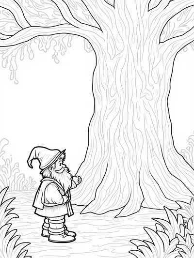 Gnome seeking wisdom from tree