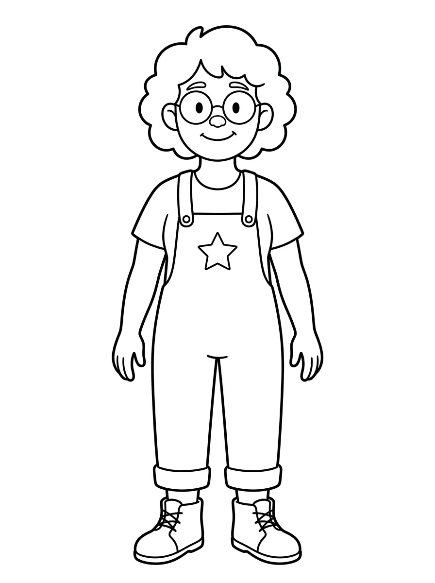 Original AI-generated Rowan character with curly hair, round glasses and star overalls
