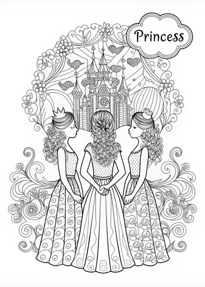 Regal Princesses in Ornate Crowns Coloring Page