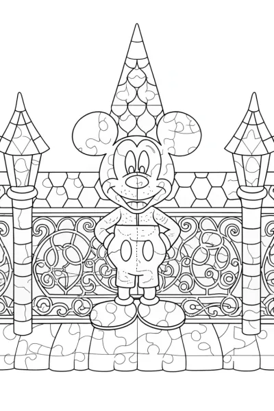 Mickey Mouse assembling a puzzle