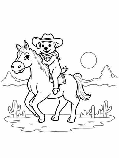 Puppy riding a horse in the desert
