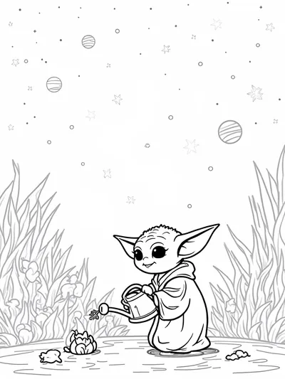 Baby Yoda gardening in space