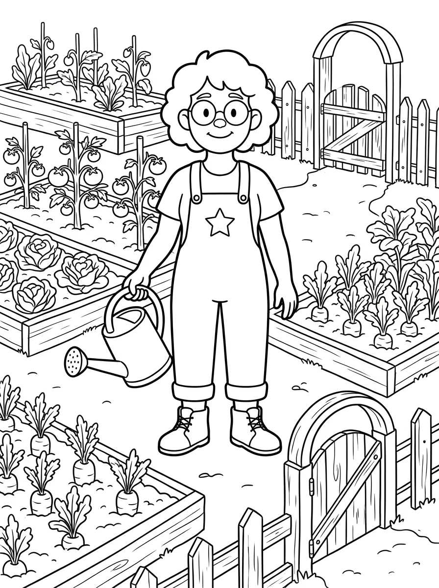 Rowan watering plants in a garden coloring page