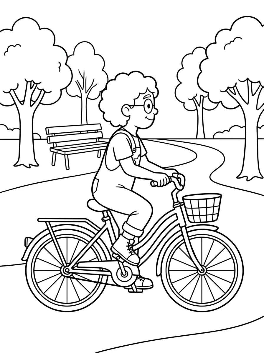 Rowan riding a bicycle through a park coloring page