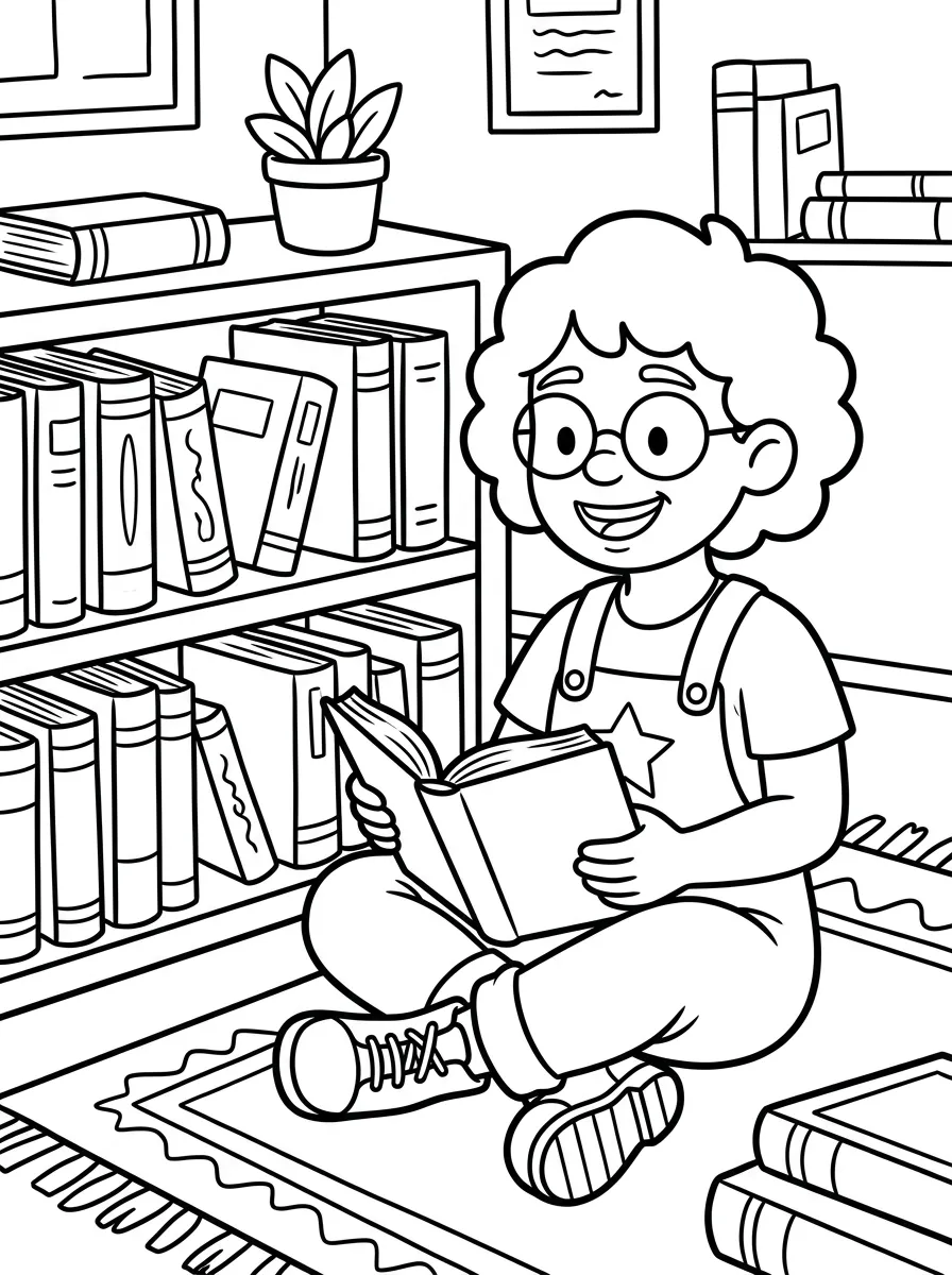 Rowan sitting by a bookshelf and reading a book coloring page