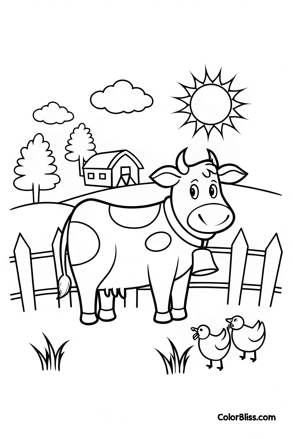 ai coloring page example: A simple coloring page of a cow in a farm.