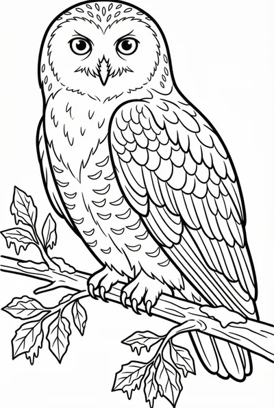 Snowy Owl Perched on a Branch with Frosty Leaves Coloring Page