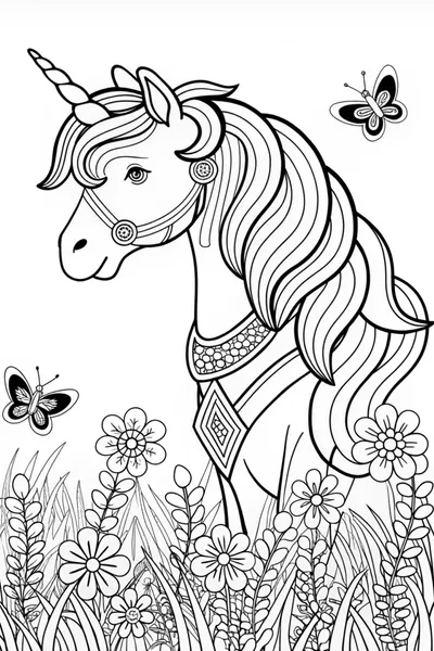 Magical Unicorn in Enchanted Meadow Coloring Page