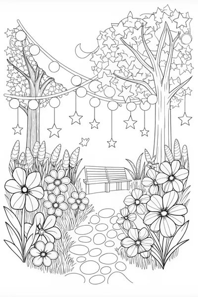 Starry Night Landscape Coloring Page