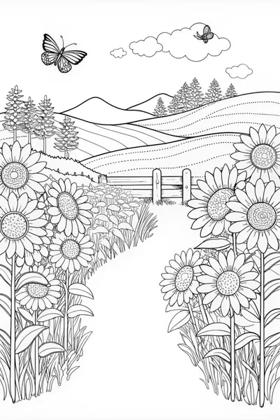 Sunflower Fields Pathway Coloring Page