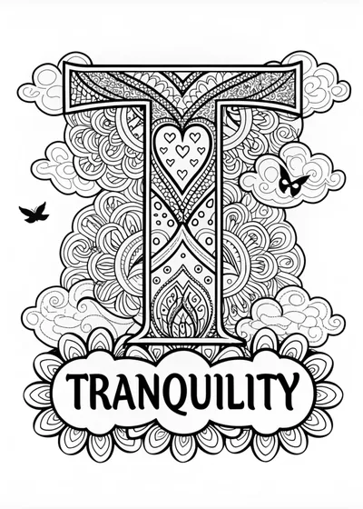 T is for Tranquility: Heart and Cloud Coloring Page