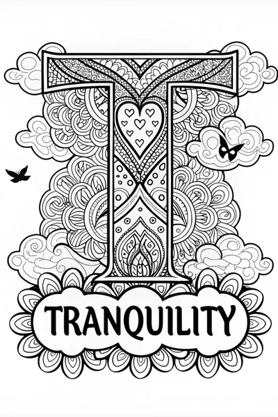 T is for Tranquility: Heart and Cloud Coloring Page