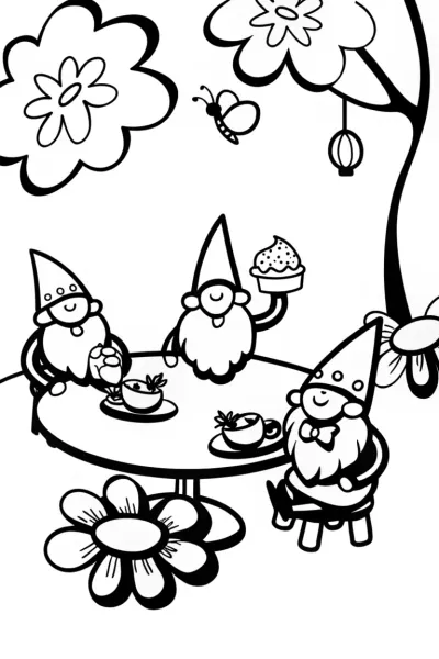 Gnome tea party in a magical garden