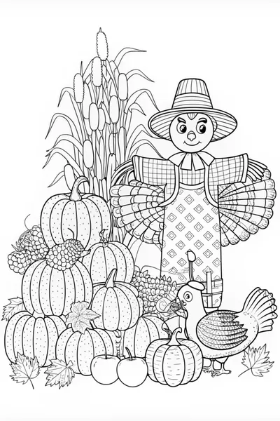 Thanksgiving Harvest with Scarecrow and Turkey