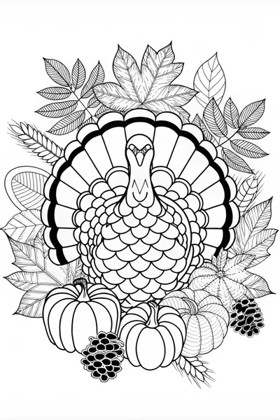 Thanksgiving Turkey and Autumn Leaves Coloring Page