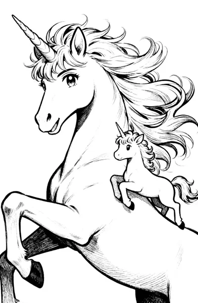 Unicorn Mother and Baby Coloring Page