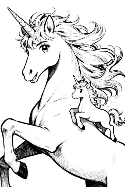 Unicorn Mother and Baby Coloring Page