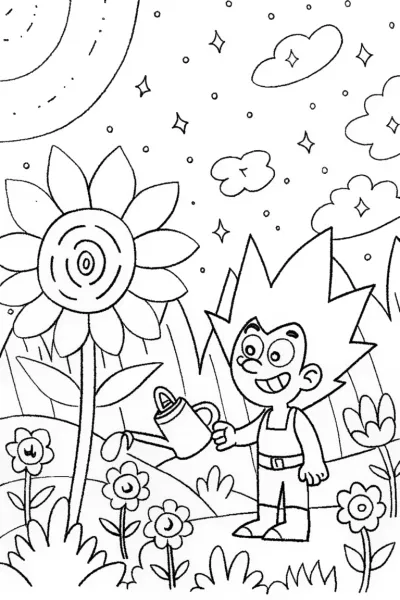 Goku in a cosmic garden escape coloring page