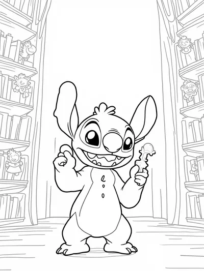 Stitch in a magical library