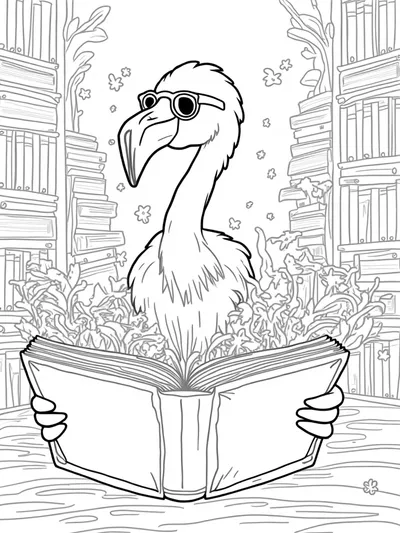 Flamingo librarian reading a book