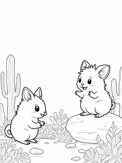 Chinchillas playing in a cactus garden