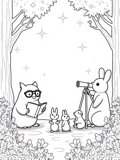 Owl reading with rabbits stargazing