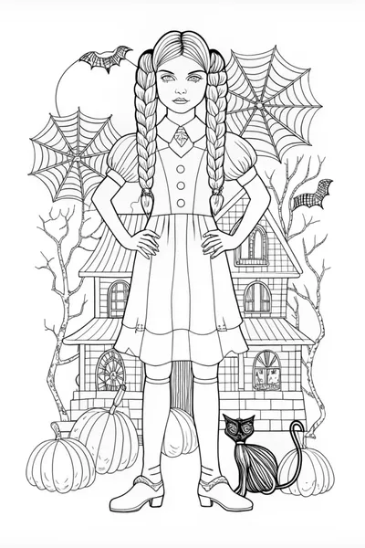 Wednesday Addams at the Arched Window Coloring Page