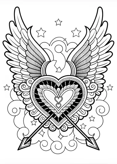 Winged Heart with Arrow Coloring Page