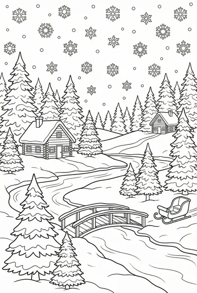 Winter Wonderland Scene with Snowflakes and Pine Trees Coloring Page