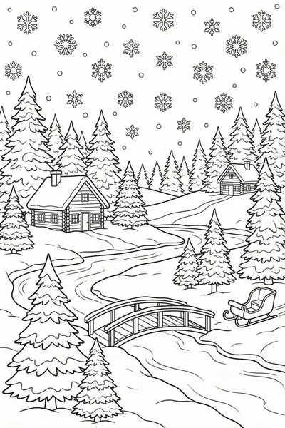 Winter Wonderland Scene with Snowflakes and Pine Trees Coloring Page
