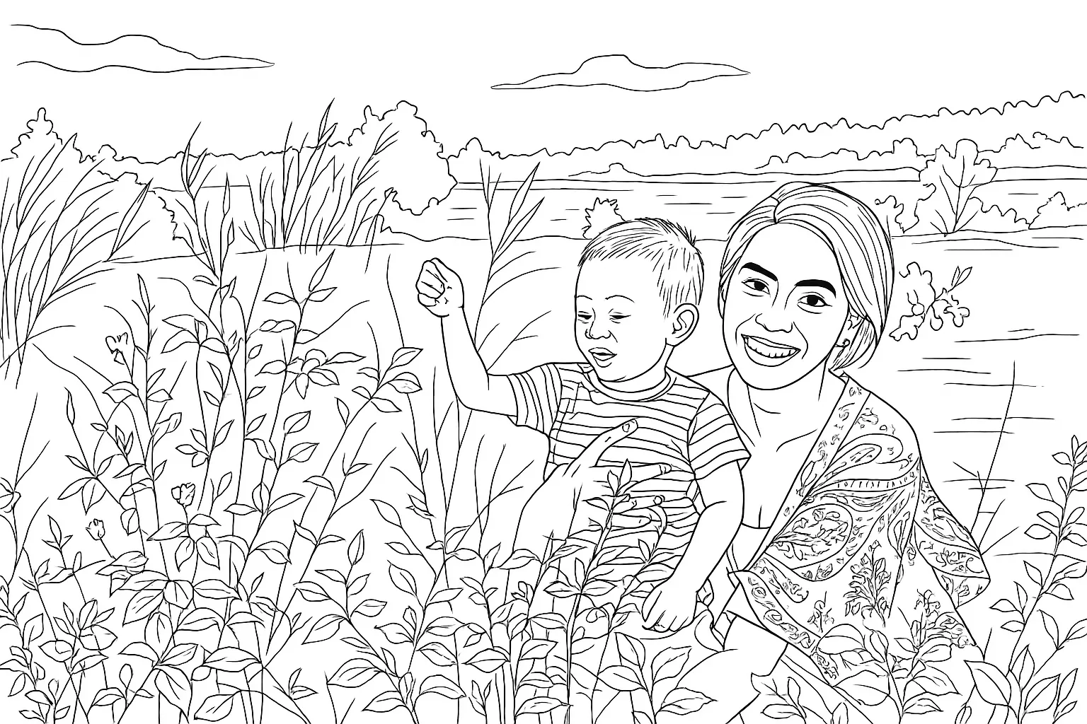 A realistic coloring page of a woman hugging a boy