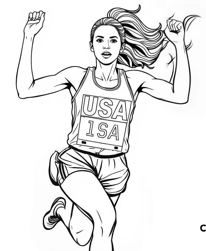 A coloring page of a female olympic runner with the word 'USA' on her uniform