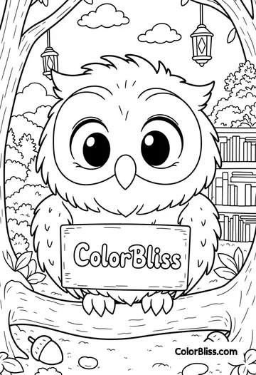 A coloring page of an owl holding a sign that says 'ColorBliss'