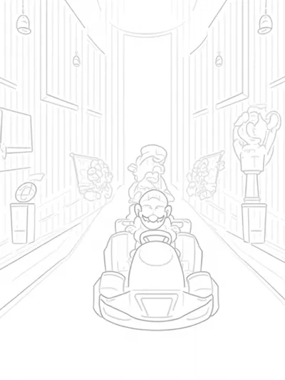 Mario and Luigi racing in an art gallery