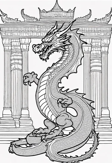 A coloring page of Majestic Dragon Amidst Ancient Columns