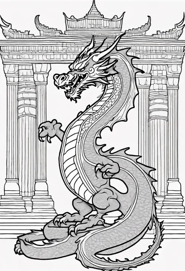 A coloring page of Majestic Dragon Amidst Ancient Columns