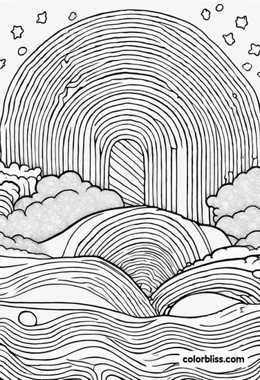 A coloring page of “Rainbow Archway and Clouds Coloring Adventure”