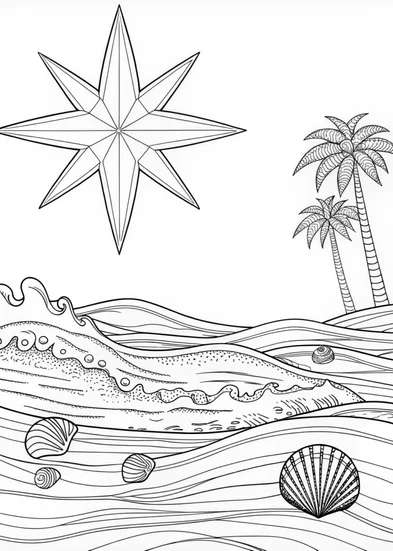 A coloring page of Sunrise Over a Tranquil Beach