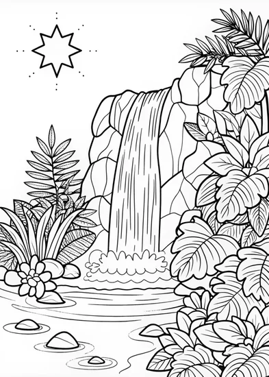 A coloring page of Mystical Waterfall Under the Rainbow