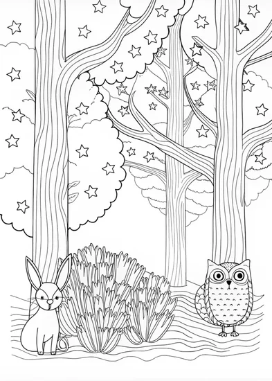A coloring page of Mystical Night Forest with Stars and Moon