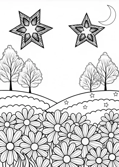 A coloring page of Mountains Under Starry Sky Coloring Page