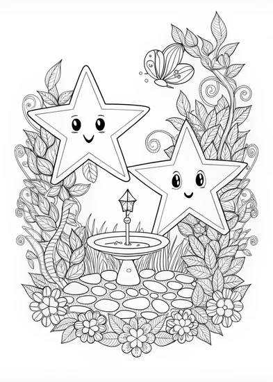 A coloring page of Mystical Garden Under the Shining Star