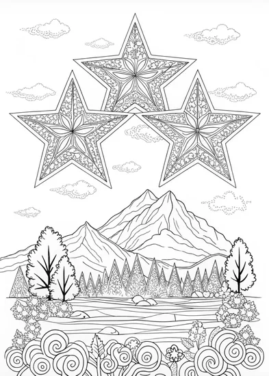 A coloring page of Starlit Mountain Landscape Coloring Page