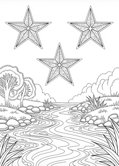 A coloring page of Mountain Stream and Starry Reflection Coloring Page