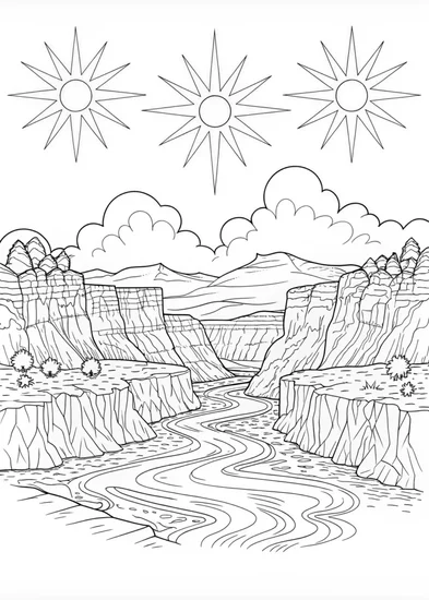 A coloring page of Canyon Dreams Under a Starry Sky