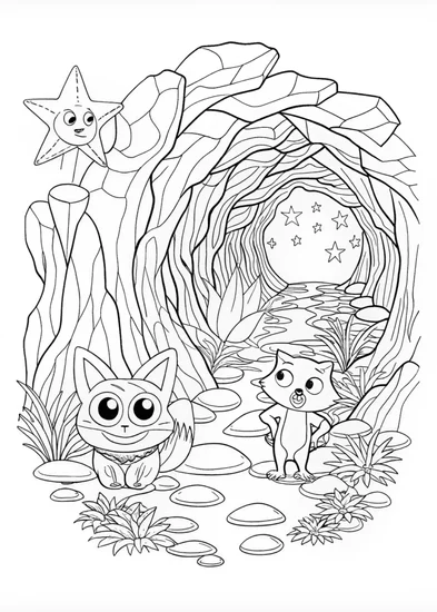 A coloring page of Misha the Fox Explores the Rocky Cave