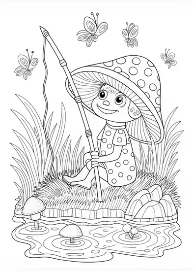 A coloring page of Mushroom Adventures: Myco the Fishing Fun Guy