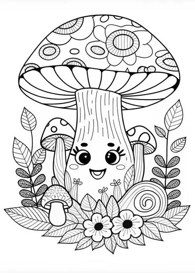A coloring page of Whimsical Mushrooms in the Forest