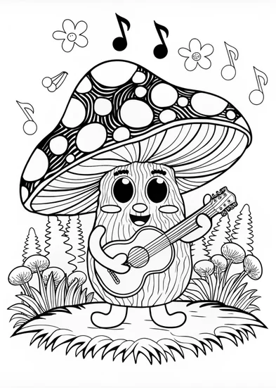A coloring page of Mushroom Musician: Grooving with a Guitar
